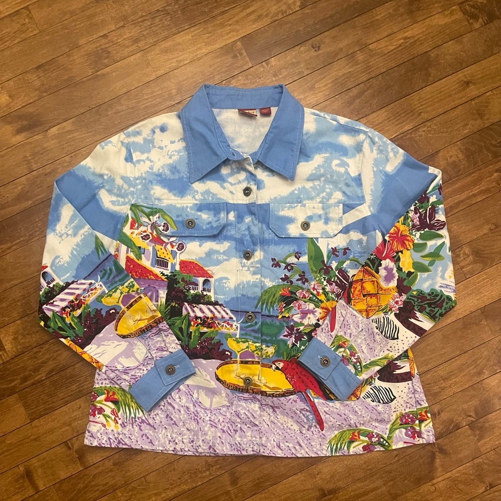 Haband Tudor Court Jacket Womens L Art to Wear Tropical Beach Paradise Landscape